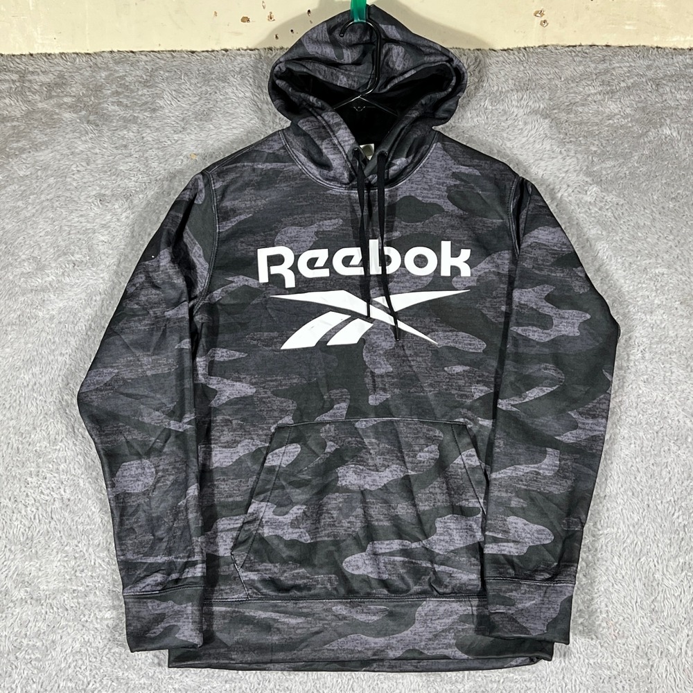 Reebok Hoodie Mens Small Gray Camo Logo Graphic Pullover Sweatshirt